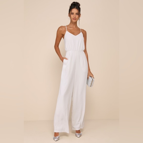 Lulus Pants - Lulus-Flawless Pose White V-Neck Sleeveless Wide-Leg Jumpsuit (XL)